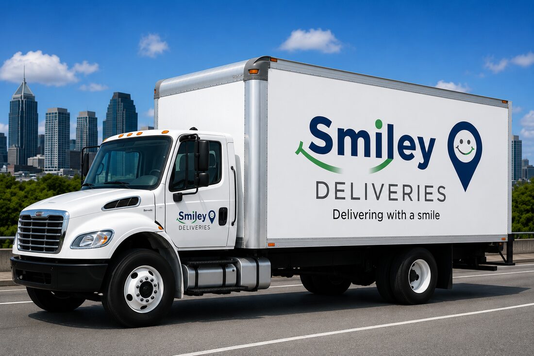 Smiley Deliveries 26ft box truck on the highway